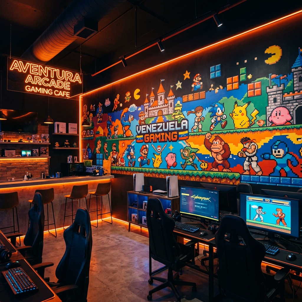 Mural pixel art gaming cafe